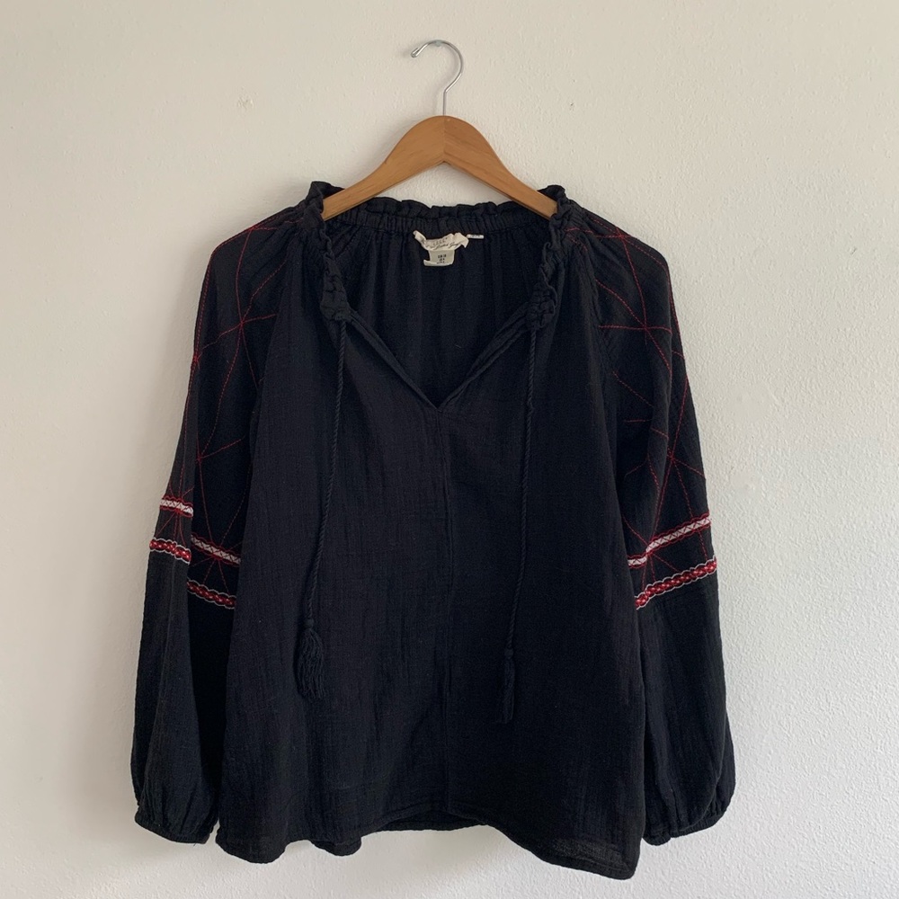 Balloon Sleeve Gauzy Embroidered Southwestern Top
